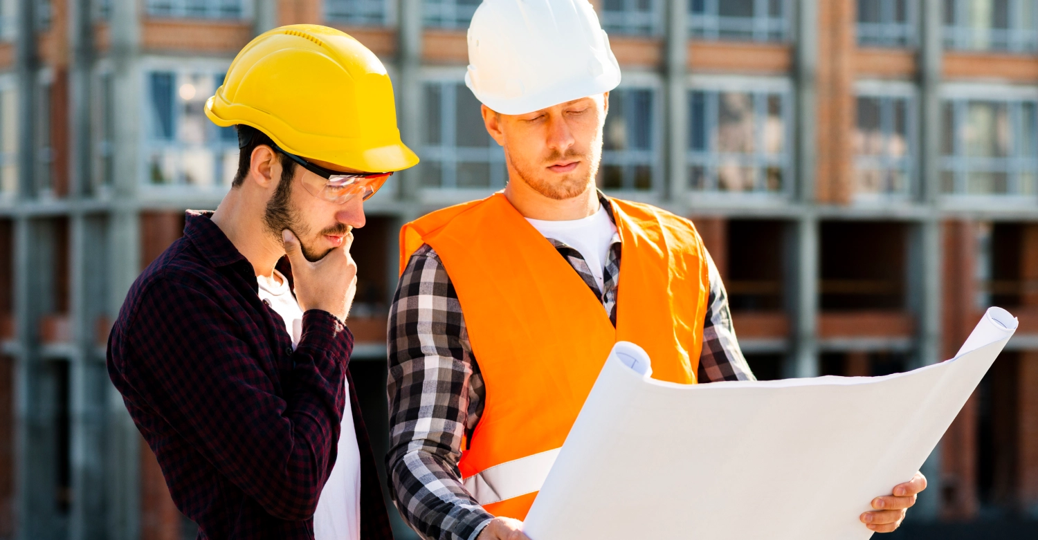 Slooyer GmbH – Gebäudeenergieberater – Dieses Bild zeigt eine Baustelle, auf der Fachleute Baupläne prüfen, um die Genauigkeit und Sicherheit des Projekts zu gewährleisten.